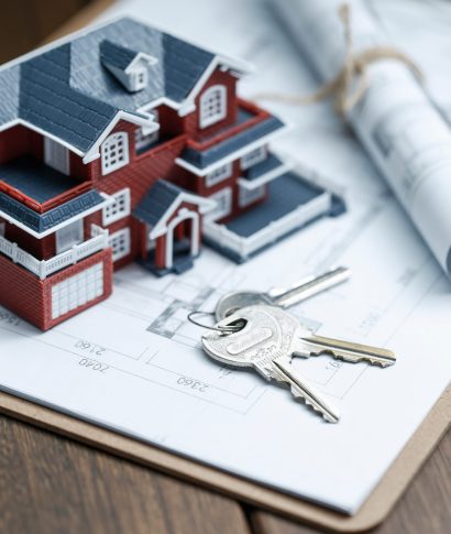 Villa house model, key and drawing on retro desktop (real estate sale concept)