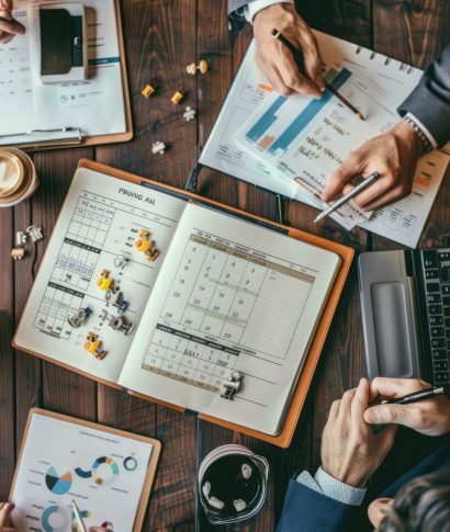 29051153 20 A team meeting with a focus on future planning, using a calendar and charts to visualize upcoming goals. --ar 2:3 Job ID: e4b0ee16-f801-451d-b6c1-8918bdec4efc